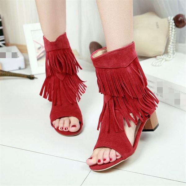 ymechic red fringe womens boots summer 2020 hollow open peep toe chunky high heels tassel sandal ankle boots plus size shoes, Black
